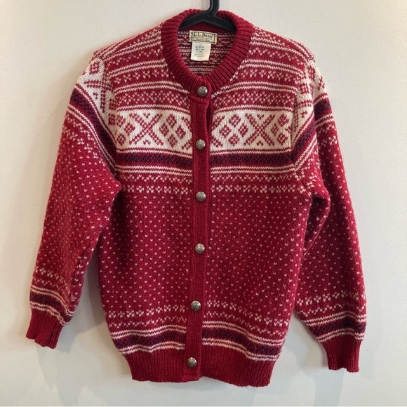LL BEAN Sz M Wool Blend Metal Button Chunky Fair Isle Style Vintage Cardigan - Picture 2 of 10